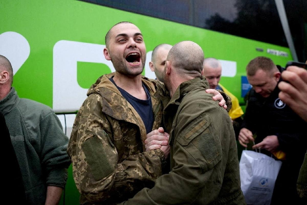 Ukrainian prisoners of war (POWs) after a swap, amid Russia's attack on Ukraine, at an unknown location in Ukraine, in this handout picture released May 15, 2026. Ukraine's President Volodymyr Zelenskiy via Telegram/Handout via REUTERS