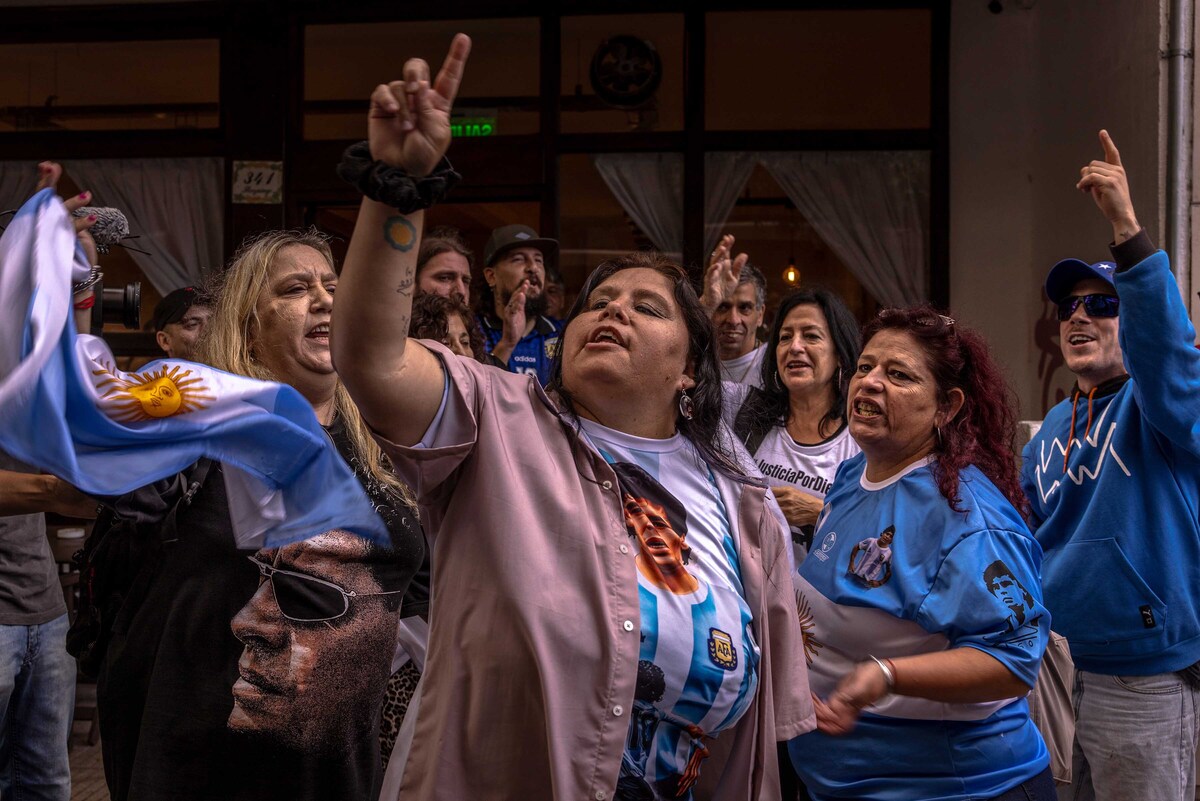 Fans gather for Maradona's trial in San Isidro, province of Buenos Aires, Argentina, April 14, 2026. A multimillion-dollar battle for a soccer god's brand is being waged across continents, burning investors and tearing his family apart. (Sarah Pabst/The New York Times)