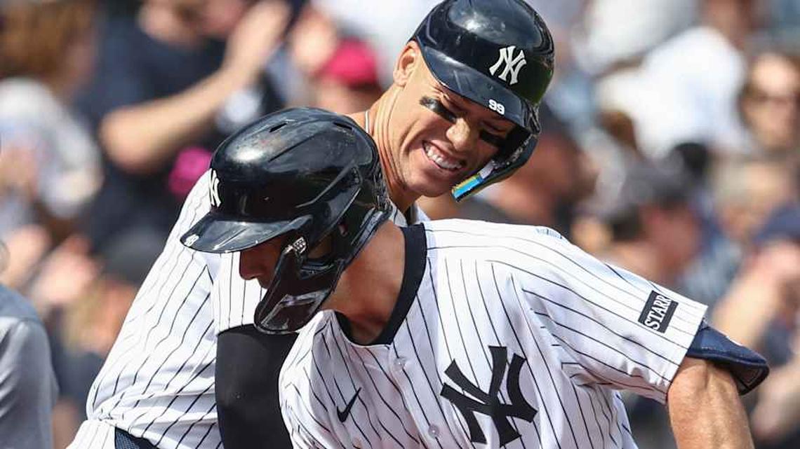  Mar 29, 2025; Bronx, New York, USA; New York Yankees first baseman Paul Goldschmidt (48) is greeted by right fielder Aaron Judge (99) after hitting a solo home run in the first inning against the Milwaukee Brewers at Yankee Stadium. | Wendell Cruz-Imagn Images 