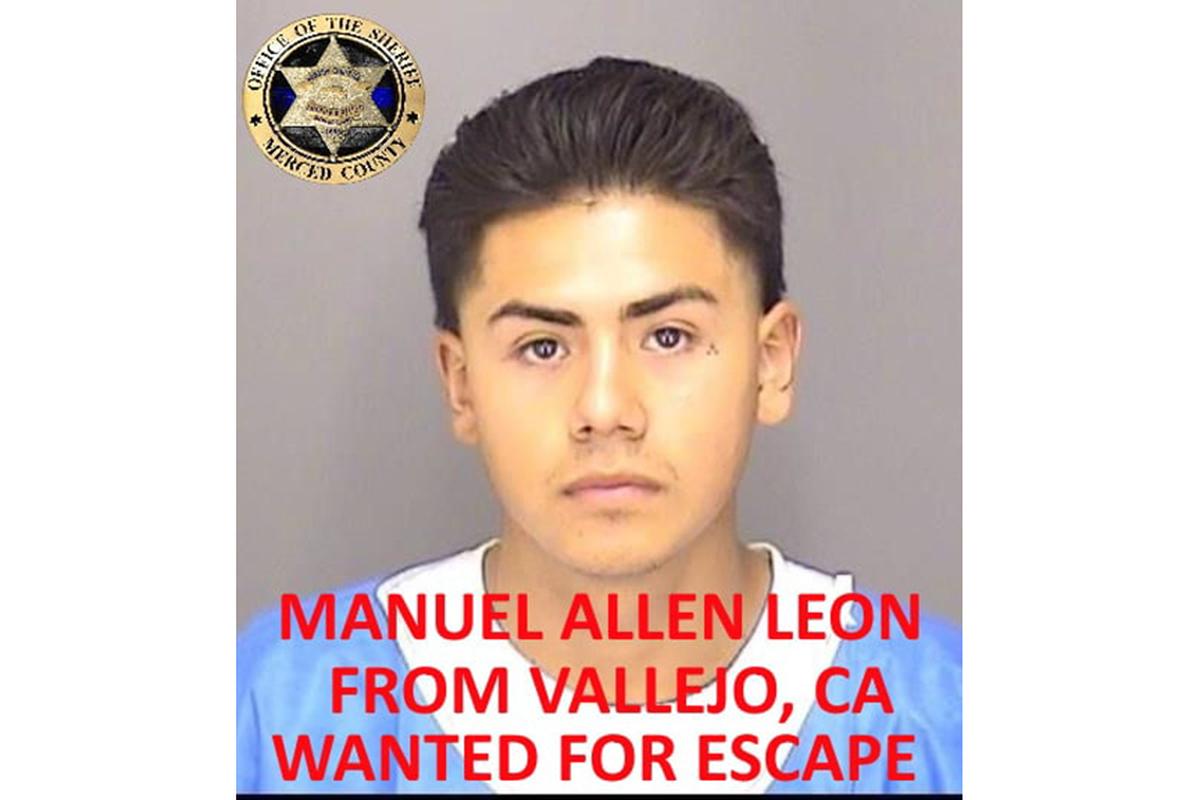 This undated booking photo released by the Merced County Sheriff’s Office shows escapee inmate Manuel Allen Leon, from Vallejo, Calif. Authorities in central California are searching for six inmates, including Leon, who used a “homemade rope” to escape from a county jail. The Merced County Sheriff’s Office says all six should be considered armed and dangerous. Staff at Merced County Downtown Jail noticed late Saturday, Jan. 10, 2021, that the six inmates were missing. (Merced County Sheriff’s Office via AP)