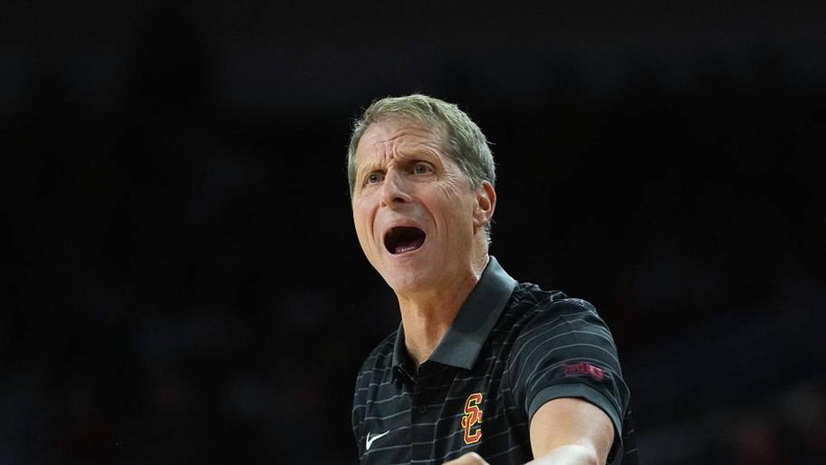  Jan 13, 2026; Los Angeles, California, USA; Southern California Trojans head coach Eric Musselman reacts against the Maryland Terrapins in the first half at Galen Center. Mandatory Credit: Kirby Lee-Imagn Images | Kirby Lee-Imagn Images 