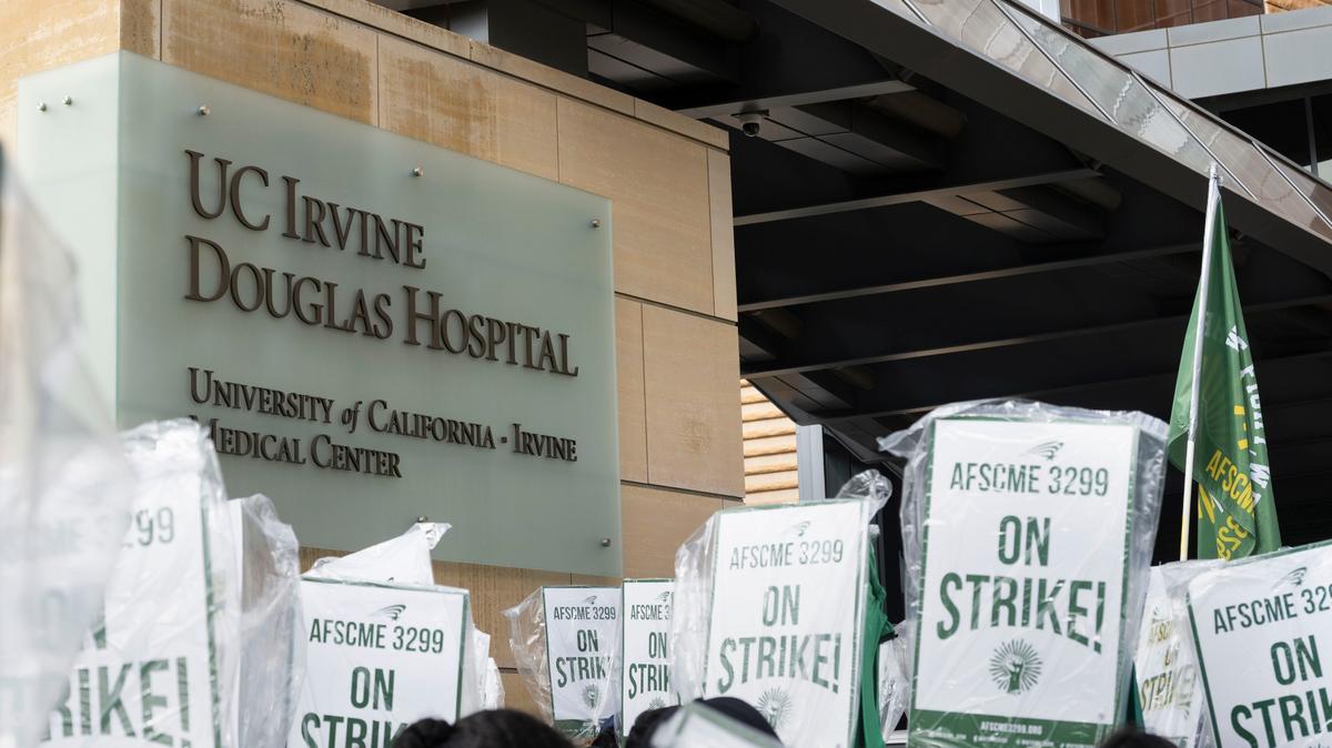 Above, workers with AFSCME Local 3299 began their two-day strike at UC Irvine Medical Center in Orange, CA on Monday, Nov. 17, 2025. The union, which includes patient care and technical workers, reached a tentative agreement with UC early Thursday, May 14, averting an open-ended strike. (Photo by Paul Bersebach, Orange County Register/SCNG)