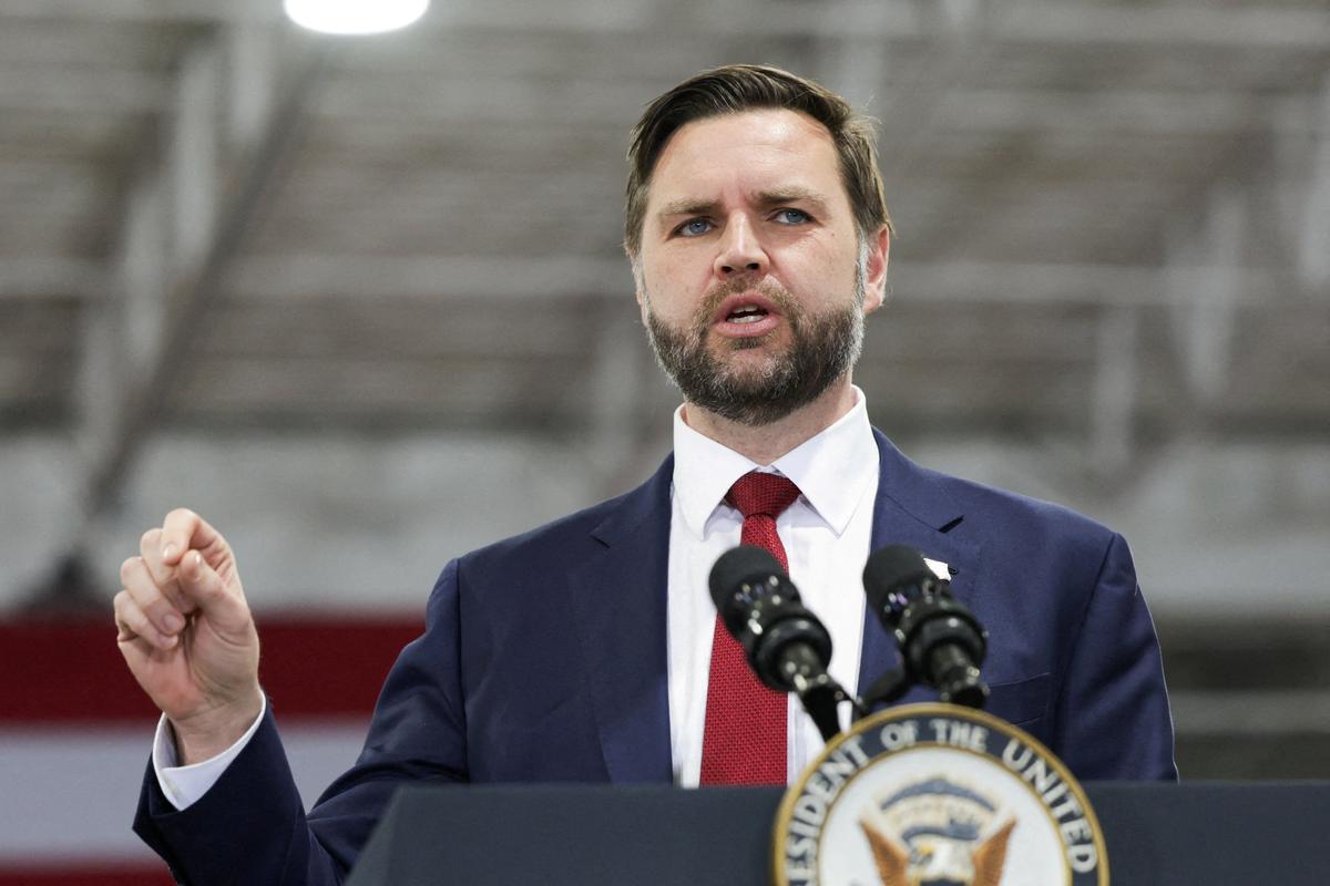 U.S. Vice President JD Vance speaks during an event with Representative Zach Nunn (R-IA), at Ex-Guard Industries, a manufacturing facility in Des Moines, Iowa, May 5, 2026. REUTERS/Jim Vondruska