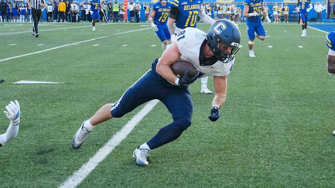  UConn tight end Louis Hansen is stopped as he pushes for the goal line in overtime in Delaware's 44-41 win at Delaware Stadium, Sept. 13, 2025. | William Bretzger-Delaware News Journal / USA TODAY NETWORK via Imagn Images 