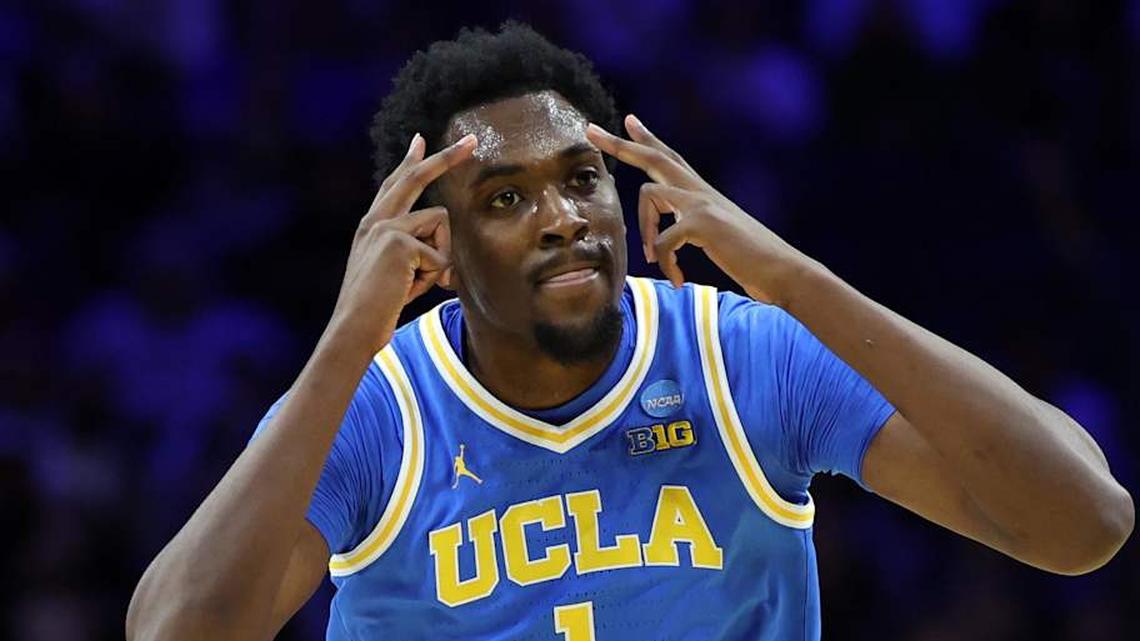  Mar 22, 2026; Philadelphia, PA, USA; UCLA Bruins center Xavier Booker (1) reacts against the UConn Huskies in the first half during a second round game of the men's 2026 NCAA Tournament at Xfinity Mobile Arena. Mandatory Credit: Bill Streicher-Imagn Images | Bill Streicher-Imagn Images 