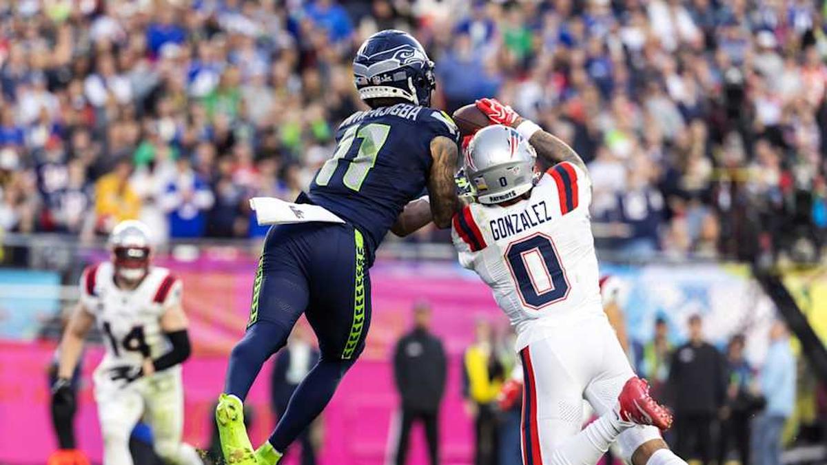  Feb 8, 2026; Santa Clara, CA, USA; New England Patriots cornerback Christian Gonzalez (0) breaks up a pass against Seattle Seahawks wide receiver Jaxon Smith-Njigba (11) during Super Bowl LX at Levi's Stadium. Mandatory Credit: Mark J. Rebilas-Imagn Images | Mark J. Rebilas-Imagn Images 