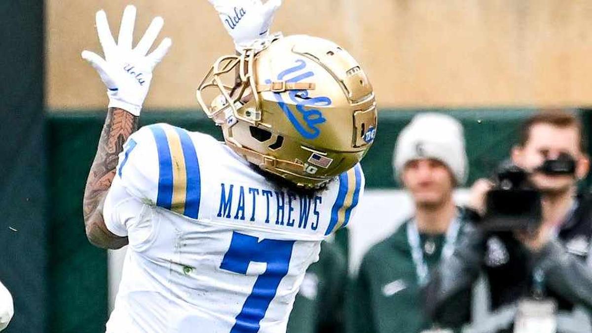  UCLA's Mikey Matthews, right, catches a pass as Michigan State's Dontavius Nash defends during the second quarter on Saturday, Oct. 11, 2025, at Spartan Stadium in East Lansing. | Nick King/Lansing State Journal / USA TODAY NETWORK via Imagn Images 
