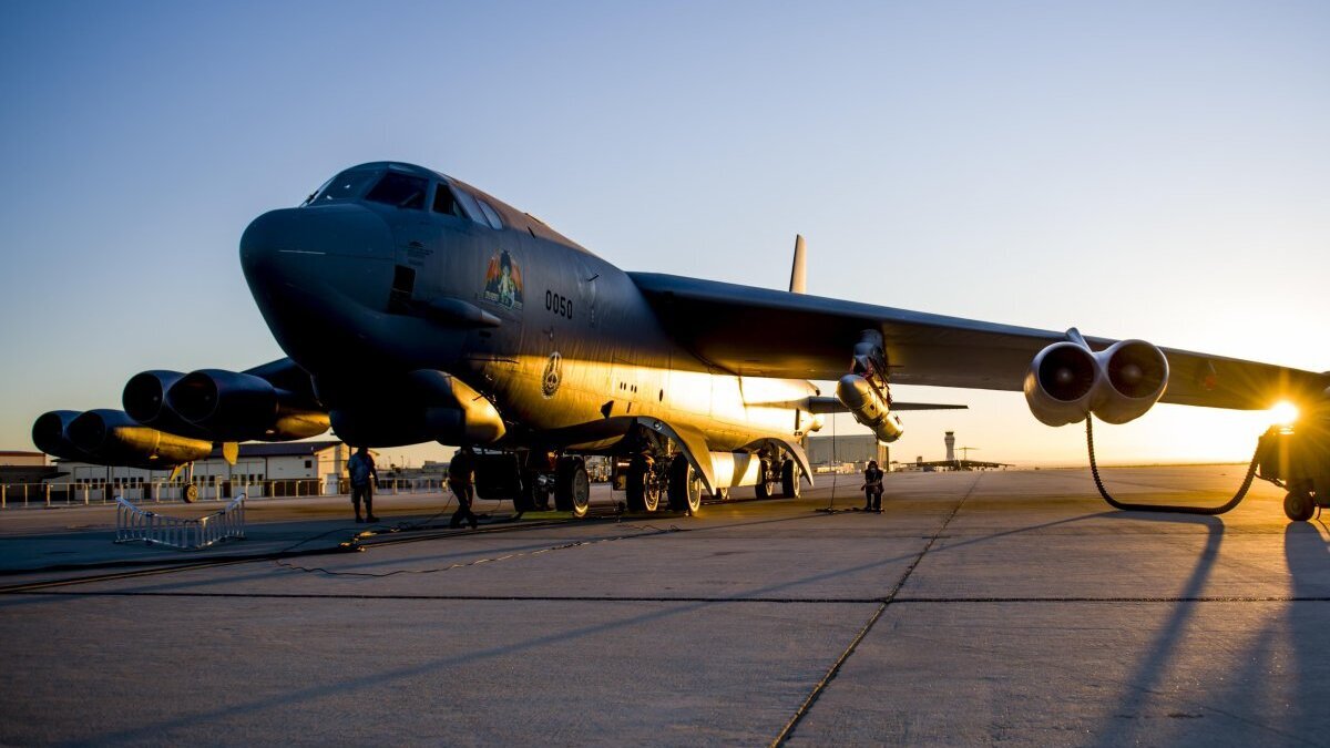 A B-52 Stratofortress assigned to the 419th Flight Test Squadron undergoes pre-flight procedures at Edwards Air Force Base in California in 2020. A B-52 Stratofortress crashed shortly after taking off from the base on Monday. Air Force File Photo by Giancarlo Casem