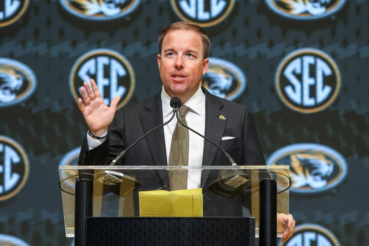 Missouri Tigers football coach Eli Drinkwitz talks to reporters during SEC Media Days at the Omni Atlanta Hotel in Atlanta on Thursday, July 17, 2025.