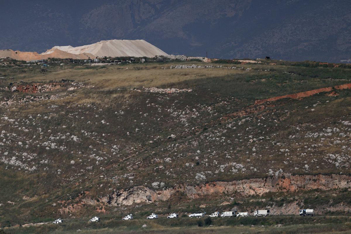 A U.N. convoy in southern Lebanon, near the Israel-Lebanon border, as seen from northern Israel, June 2, 2026. REUTERS/Shir Torem