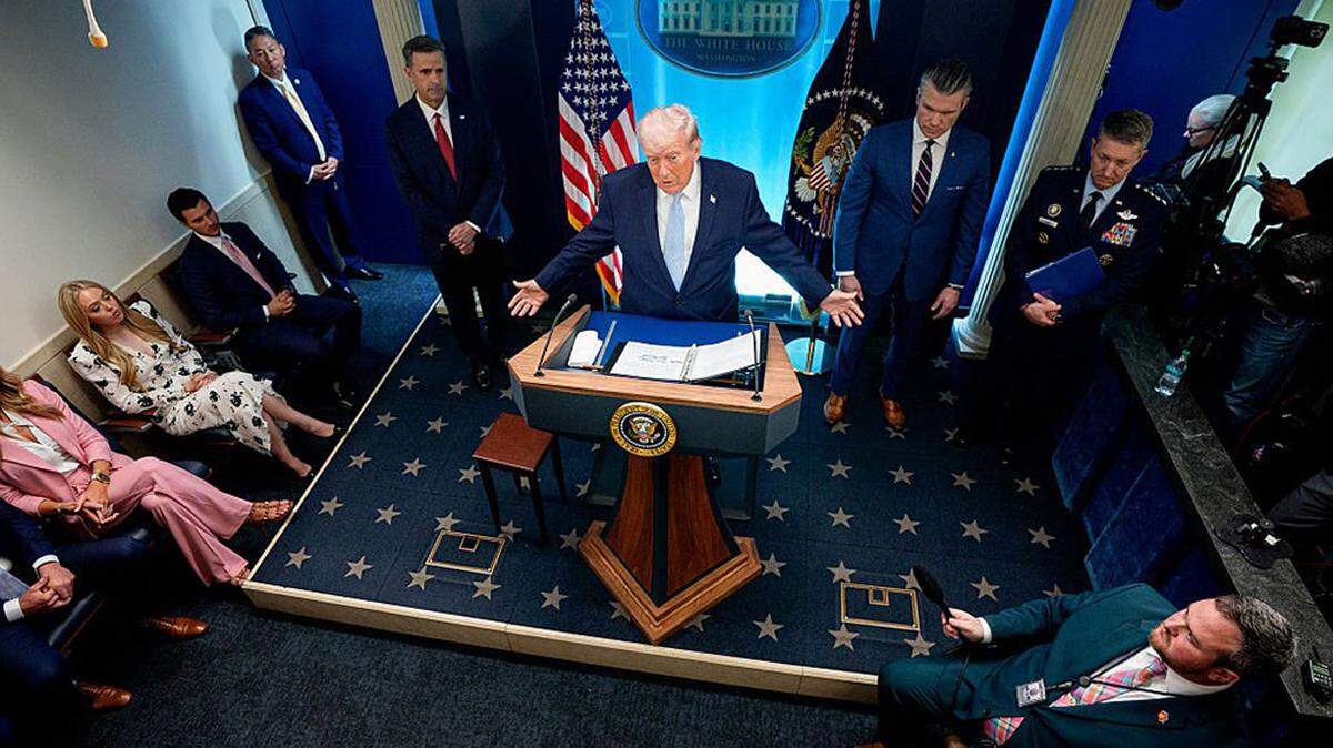 President Donald Trump speaks about the rescue of a U.S. military officer in Iran and ongoing peace negotiations during a news conference in the White House press briefing room of the White House in Washington on Monday.