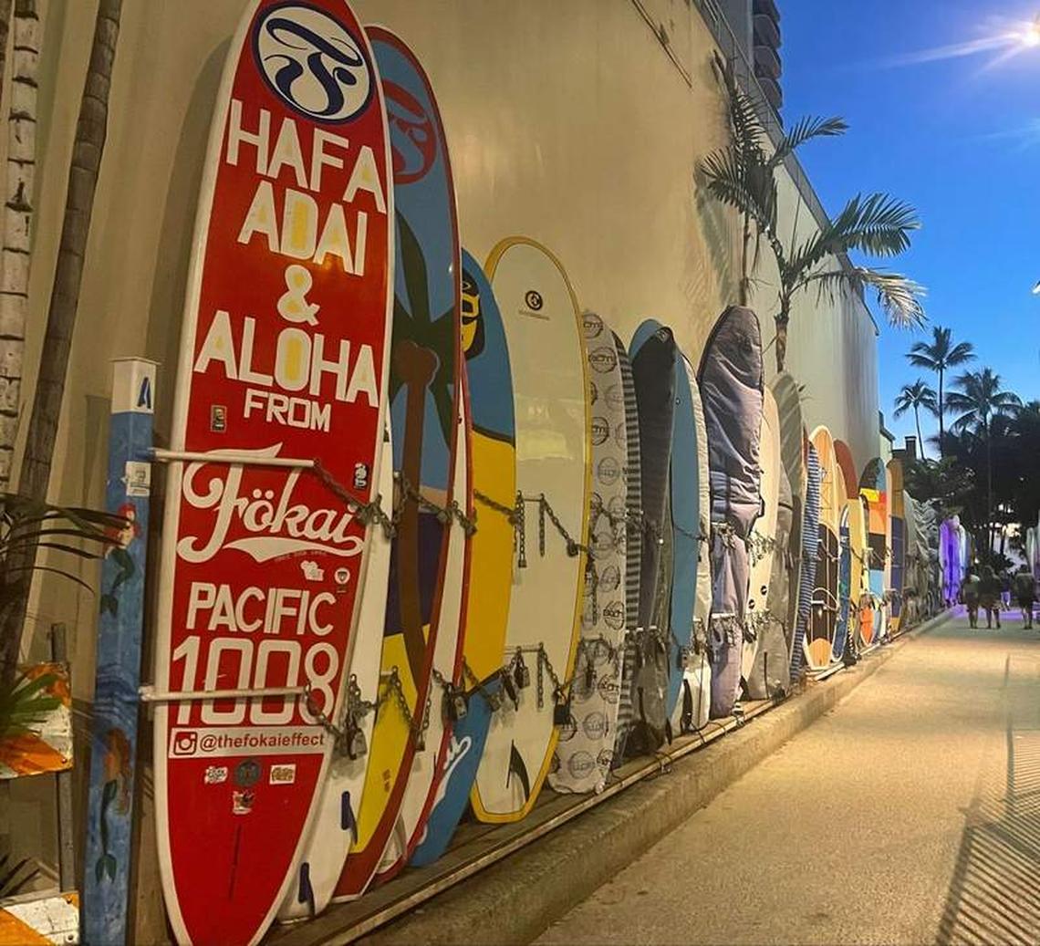  A row of surfboards on the walkway to Waikiki Beach. Photo credit: Shelly Peterson 