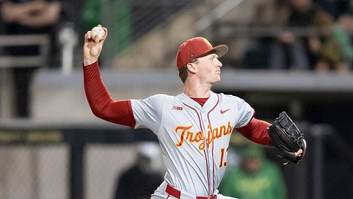  USC pitcher Andrew Johnson throws a pitch as the Oregon Ducks host the USC Trojans on May 14, 2026, in Eugene, Oregon. | Ben Lonergan/The Register-Guard / USA TODAY NETWORK via Imagn Images 