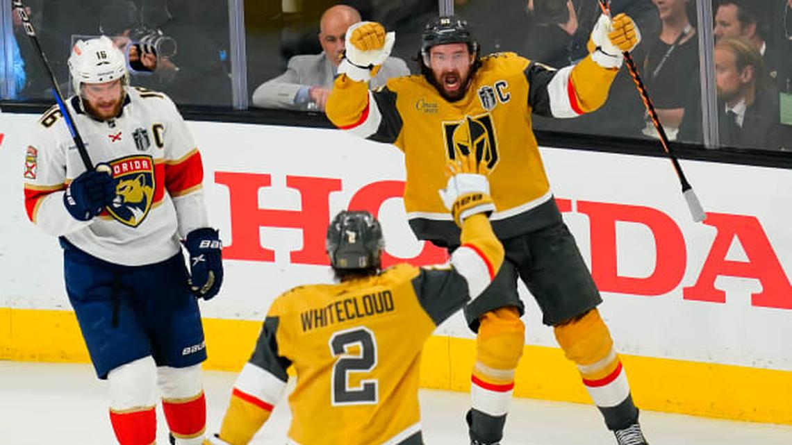 Jun 13, 2023; Las Vegas, Nevada, USA; Vegas Golden Knights forward Mark Stone (61) celebrates his goal with defenseman Zach Whitecloud (2) against Florida Panthers goaltender Sergei Bobrovsky (72) (not pictured) during the first period in game five of the 2023 Stanley Cup Final at T-Mobile Arena. Mandatory Credit: Lucas Peltier-USA TODAY Sports