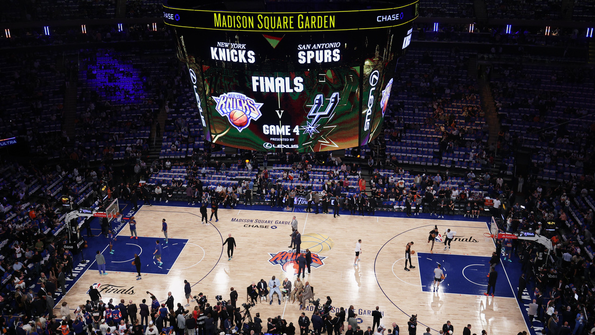 Jun 10, 2026; New York, New York, USA; A general view of the video scoreboard and court as players warmup before game four of the 2026 NBA Finals between the San Antonio Spurs and New York Knicks at Madison Square Garden. Mandatory Credit: Vincent Carchietta-Imagn Images