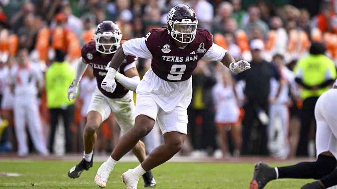  Dec 20, 2025; College Station, TX, USA; Texas A&M Aggies defensive end Cashius Howell (9) rushes the line during the game between the Aggies and the Hurricanes at Kyle Field. Mandatory Credit: Jerome Miron-Imagn Images | Jerome Miron-Imagn Images 