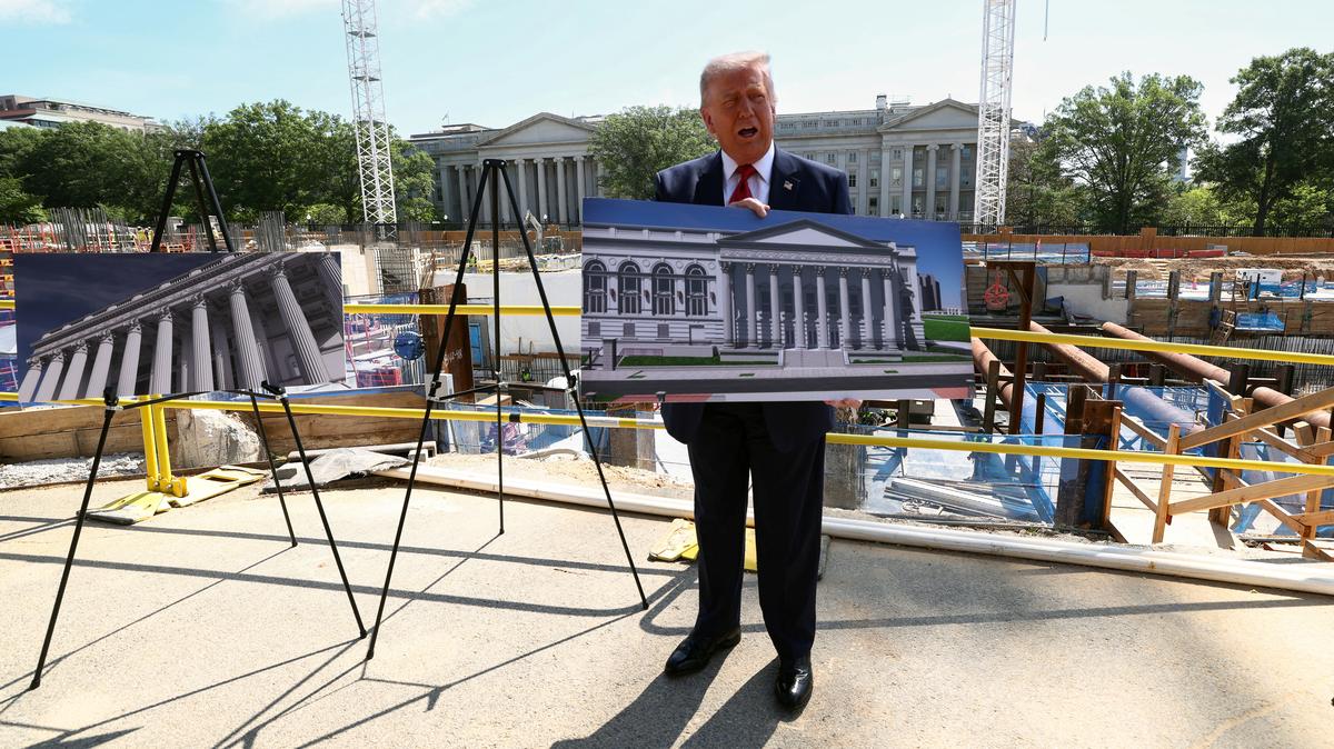 U..S. President Donald Trump speaks at the site of ongoing construction of the planned White House ballroom in Washington, D.C., U.S., May 19, 2026. REUTERS/Kevin Lamarque