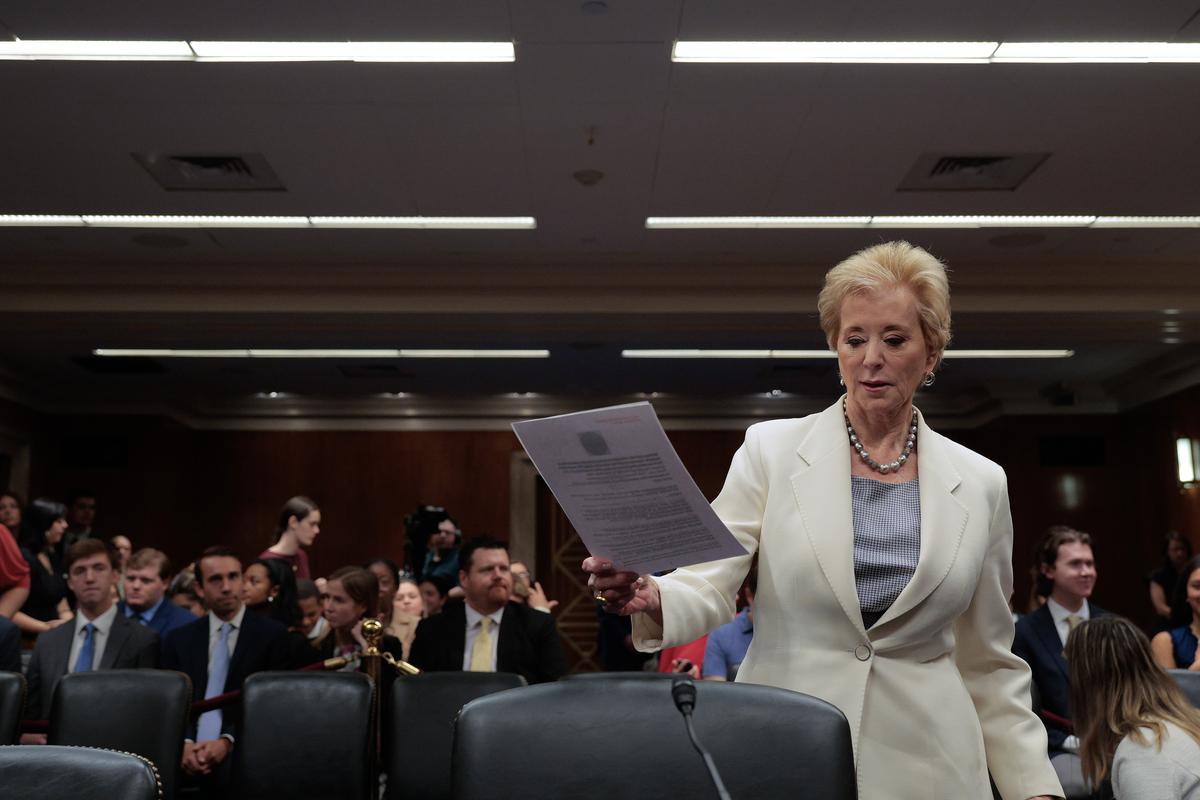  Education Secretary Linda McMahon testifies on Capitol Hill on June 03, 2025, in Washington, D.C. 