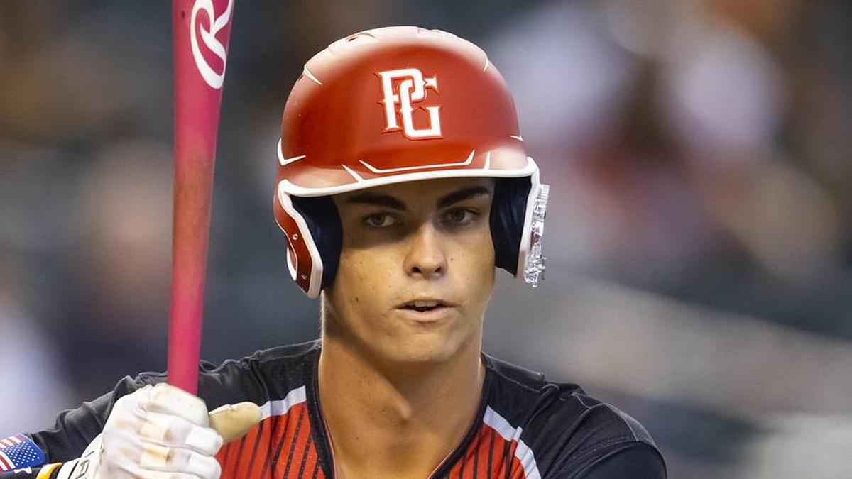  Aug 28, 2022; Phoenix, Arizona, US; West outfielder Will Gasparino (23) during the Perfect Game All-American Classic high school baseball game at Chase Field. Mandatory Credit: Mark J. Rebilas-Imagn Images | Mark J. Rebilas-Imagn Images 