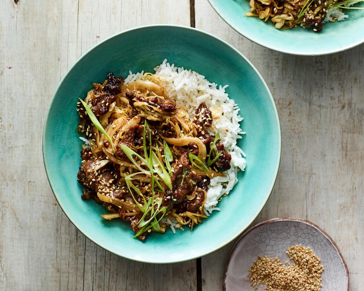 Black pepper beef and cabbage stir-fry. Crushed black peppercorns can deliver surprising bite. Food styled by Barrett Washburne. (Andrew Purcell/The New York Times)