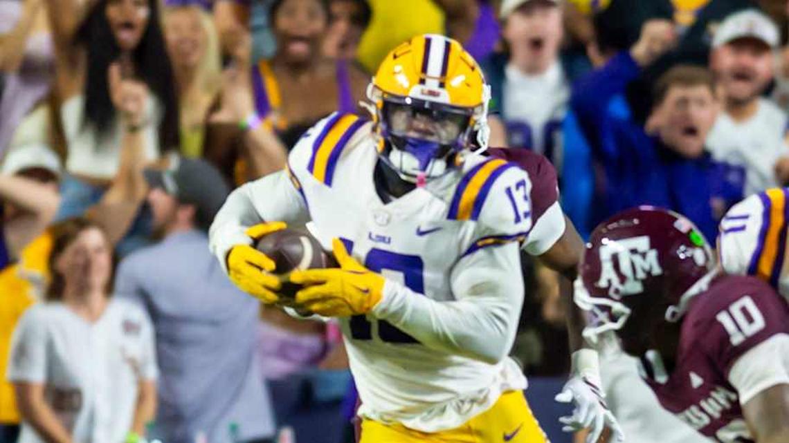  Safety AJ Haulcy 13 interception as LSU Tigers take on the Texas A&M Aggies. October 25, 2025; Baton Rouge, Louisiana, USA; at Tiger Stadium. Saturday, Oct. 25, 2025. | SCOTT CLAUSE / USATODAY Network / USA TODAY NETWORK via Imagn Images 