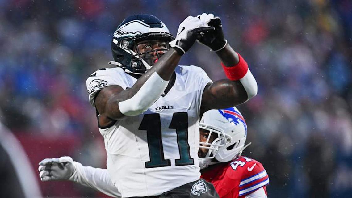  Dec 28, 2025; Orchard Park, New York, USA; Philadelphia Eagles wide receiver A.J. Brown (11) prepares to catch a pass against Buffalo Bills cornerback Christian Benford (47) during the first quarter at Highmark Stadium. Mandatory Credit: Mark Konezny-Imagn Images | Mark Konezny-Imagn Images 