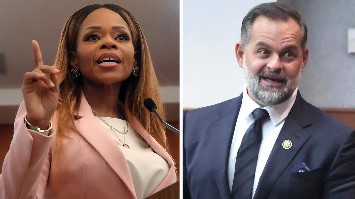 U.S. Rep. Sheila Cherfilus-McCormick, D-Fla., left, has been indicted by a federal grand jury on charges that her company improperly took federal money and laundered it to her campaign. U.S. Rep. Cory Mills, R-Fla., right, leaves the courtroom in Lake City, Florida, in a case in which his ex-girlfriend is seeking a restraining order against him. (Joe Burbank/Orlando Sentinel/TNS)
