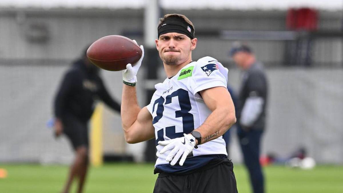  May 9, 2026; Foxborough, MA, USA; New England Patriots wide receiver Nick DeGennaro (23) warms up at the New England Patriots rookie camp at Gillette Stadium. Mandatory Credit: Eric Canha-Imagn Images | Eric Canha-Imagn Images 