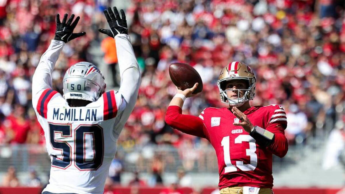  Sep 29, 2024; Santa Clara, California, USA; San Francisco 49ers quarterback Brock Purdy (13) looks to pass the ball against New England Patriots linebacker Raekwon McMillan (50) during the second quarter at Levi's Stadium. Mandatory Credit: Sergio Estrada-Imagn Images | USA TODAY Sports via Reuters Connect 