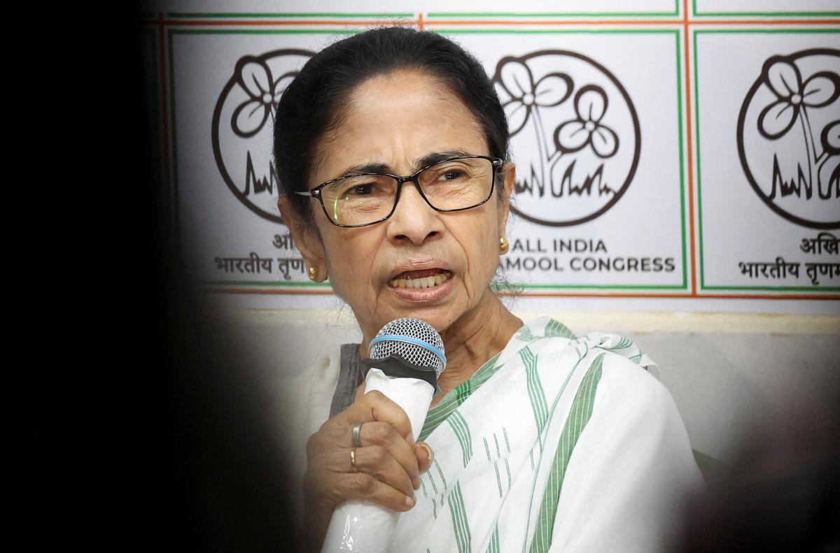 West Bengal Chief Minister Mamata Banerjee, leader of Trinamool Congress (TMC), speaks during a press conference, as the Bharatiya Janata Party leads in the West Bengal state assembly elections, in Kolkata, India, May 5, 2026. REUTERS/Sahiba Chawdhary