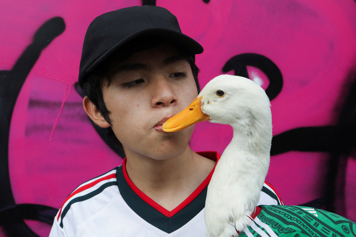 Christian Gomez poses with Merlin, a duck, wearing a Mexico national football team ('El Tri') jersey, that shot to fame after a chance encounter on Reforma Avenue went viral following the FIFA 2026 match between Mexico and South Africa, in Mexico City, Mexico, June 16, 2026. REUTERS/Paola Garcia