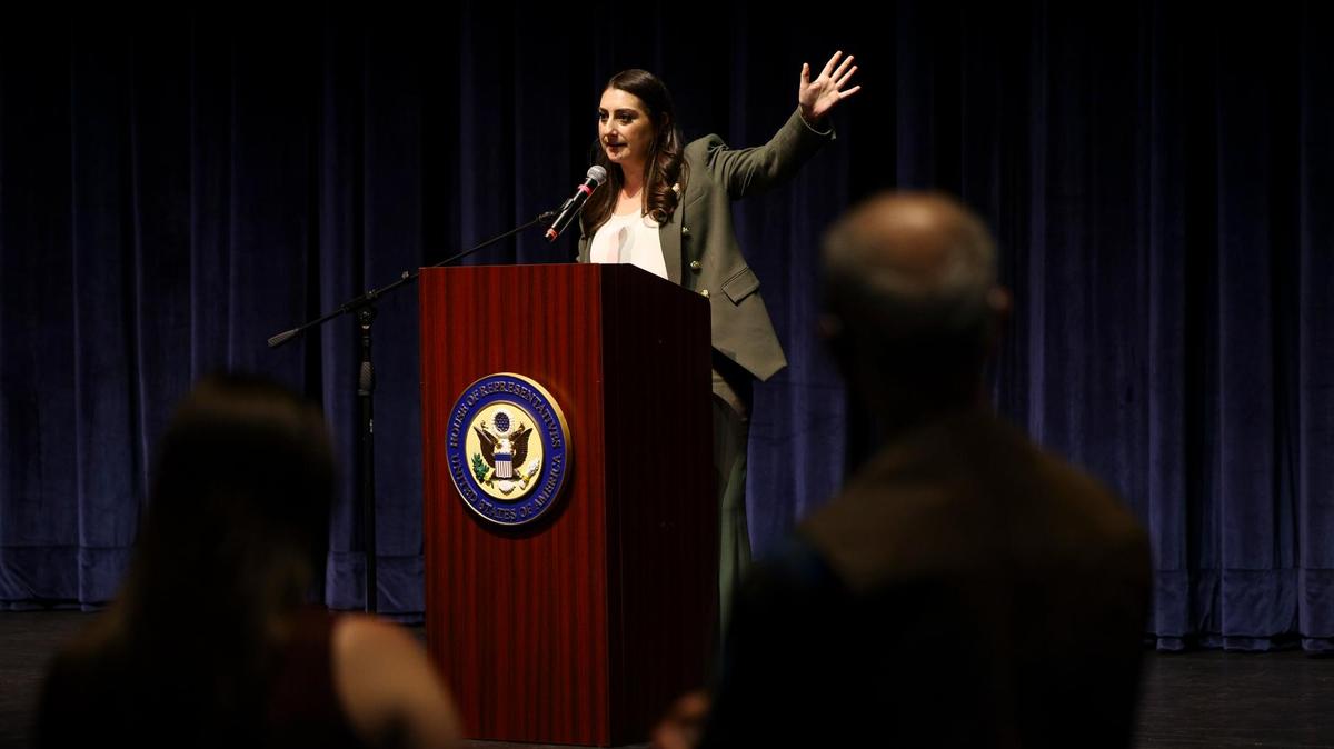 Rep. Sara Jacobs answers questions during a town hall at Grossmont College on Tuesday, April 22, 2025 in El Cajon, CA. 