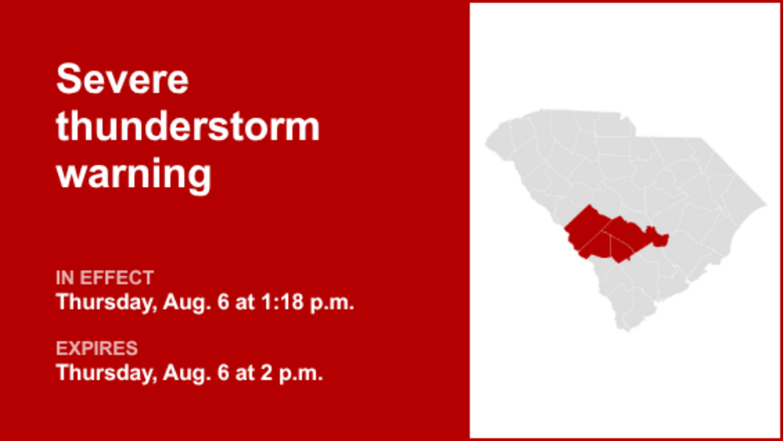 UPDATE: The current severe thunderstorm warning for South Carolina will be expiring at 2 p.m. 