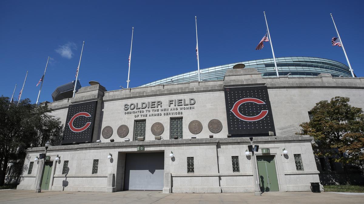 FILE - A general overall view of the exterior of Soldier Field in Chicago before an NFL football game between the Chicago Bears and Indianapolis Colts, Sunday, Oct. 4, 2020. Chicago Mayor Lori Lightfoot on Monday, July 25, 2022, presented three options for renovating Soldier Field, the home of the Chicago Bears, but the team said it’s not interested. (AP Photo/Kamil Krzaczynski, File)