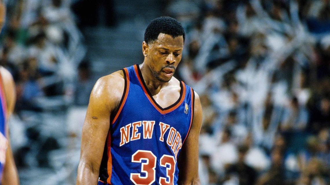  New York Knicks center Patrick Ewing reacts on the court against the Miami Heat during the 1997 NBA Playoffs at the Miami Arena. RVR Photos-USA TODAY Sports