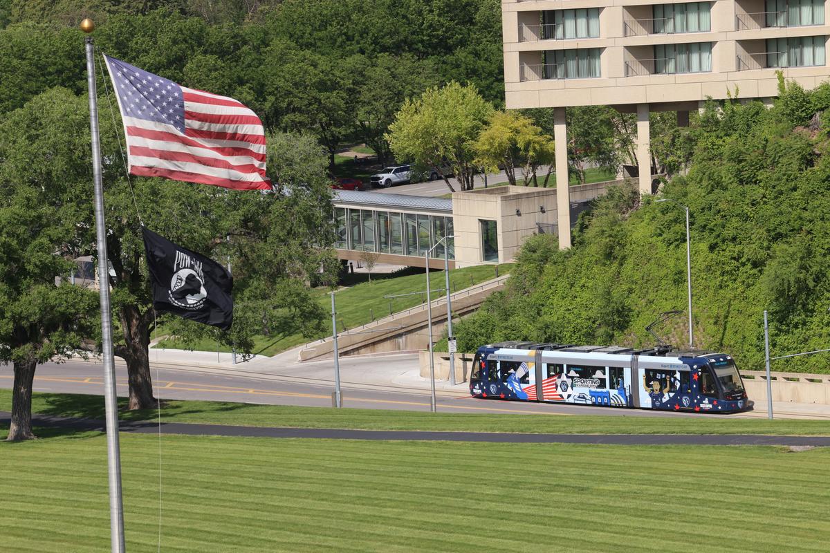 The streetcar travels up the hill near Liberty Memorial, as the city prepares to host the 2026 FIFA World Cup matches, in Kansas City, Missouri, U.S, May 9, 2026. REUTERS/Katie Currid
