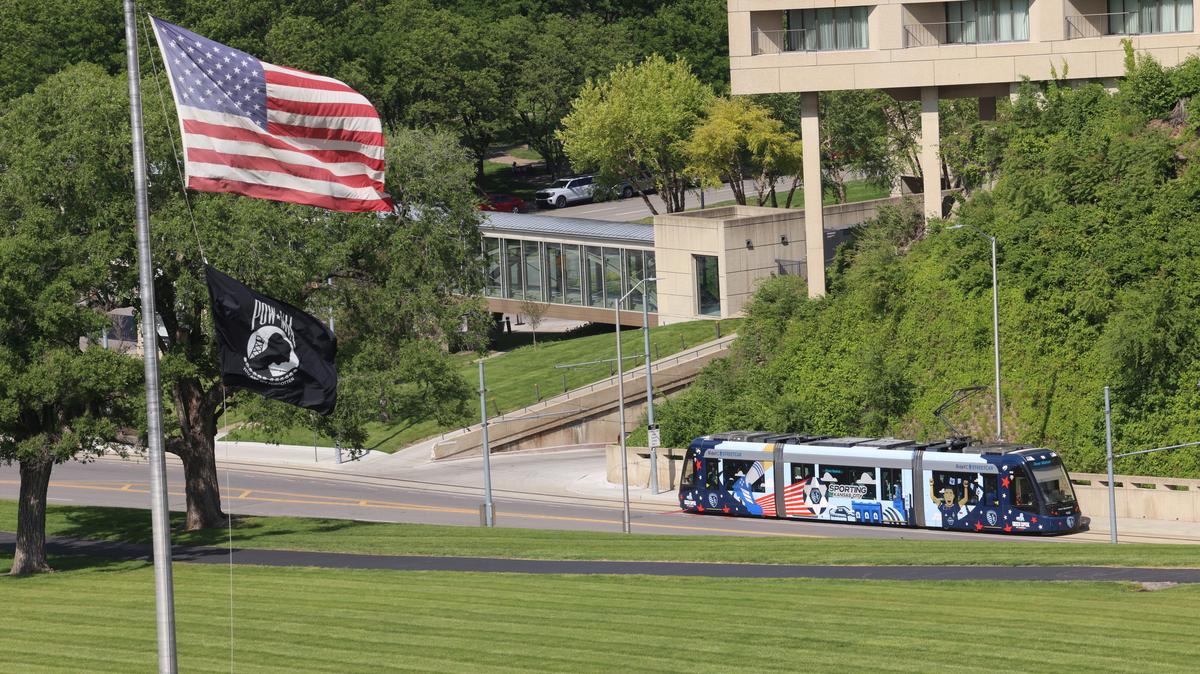 The streetcar travels up the hill near Liberty Memorial, as the city prepares to host the 2026 FIFA World Cup matches, in Kansas City, Missouri, U.S, May 9, 2026. REUTERS/Katie Currid