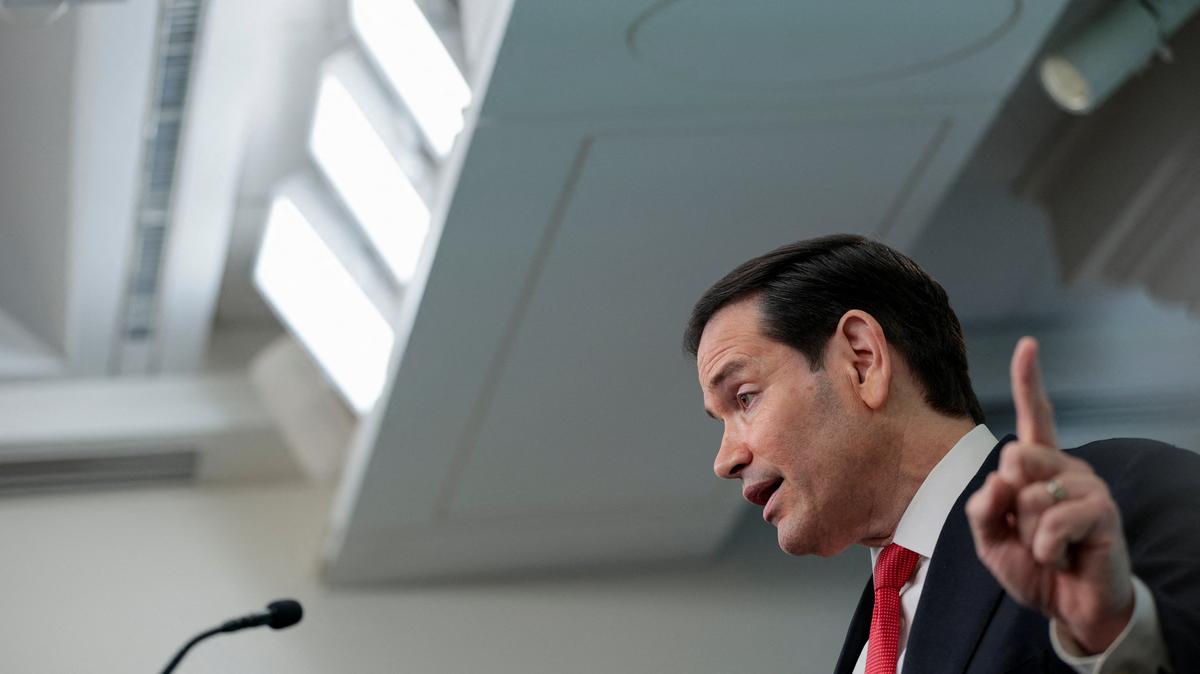 U.S. Secretary of State Marco Rubio gestures as he speaks during a press briefing in the James S. Brady Press Briefing Room at the White House in Washington, D.C., U.S., May 5, 2026. REUTERS/Evan Vucci