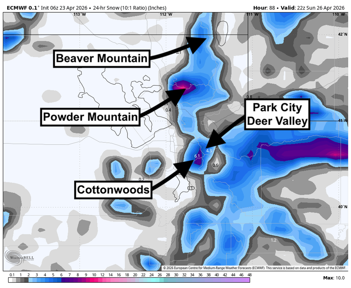  Utah snow forecast, Sunday, April 26, 2026. 