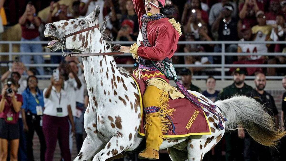  Sep 9, 2023; Tallahassee, Florida, USA; Florida State Seminoles symbols Chief Osceola and Renegade take the field during the game against the Southern Miss Golden Eagles at Doak S. Campbell Stadium. Mandatory Credit: Melina Myers-Imagn Images | Melina Myers-Imagn Images 