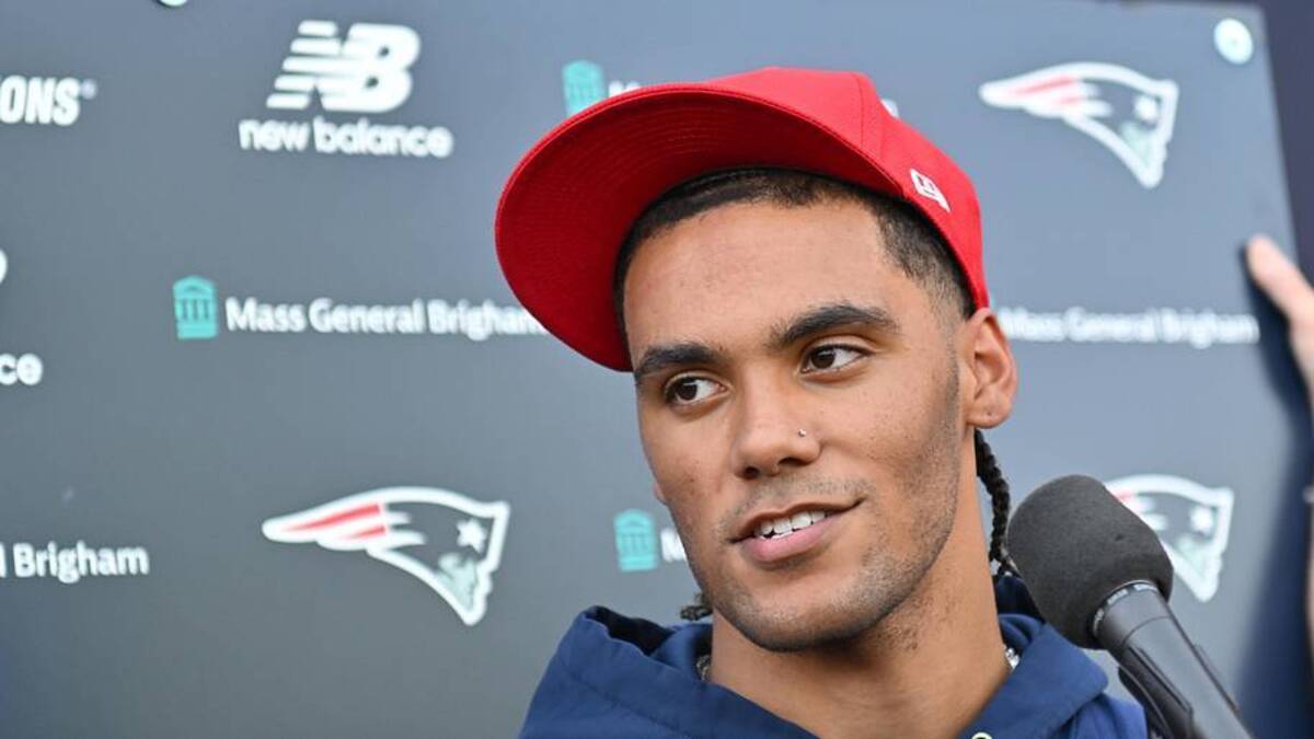  Jun 9, 2026; Foxborough, MA, USA; New England Patriots cornerback Christian Gonzalez (0) takes questions from the media at minicamp at Gillette Stadium. Mandatory Credit: Eric Canha-Imagn Images | Eric Canha-Imagn Images 