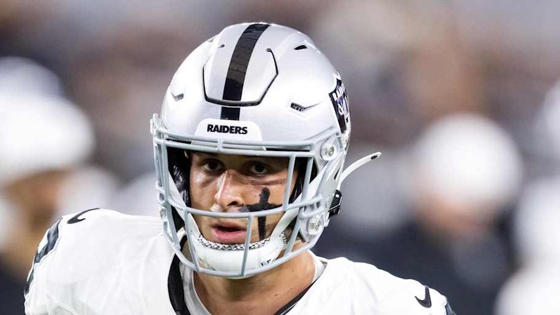  Aug 23, 2025; Glendale, Arizona, USA; Las Vegas Raiders wide receiver Jack Bech (18) against the Arizona Cardinals during a preseason NFL game at State Farm Stadium. Mandatory Credit: Mark J. Rebilas-Imagn Images | Mark J. Rebilas-Imagn Images 