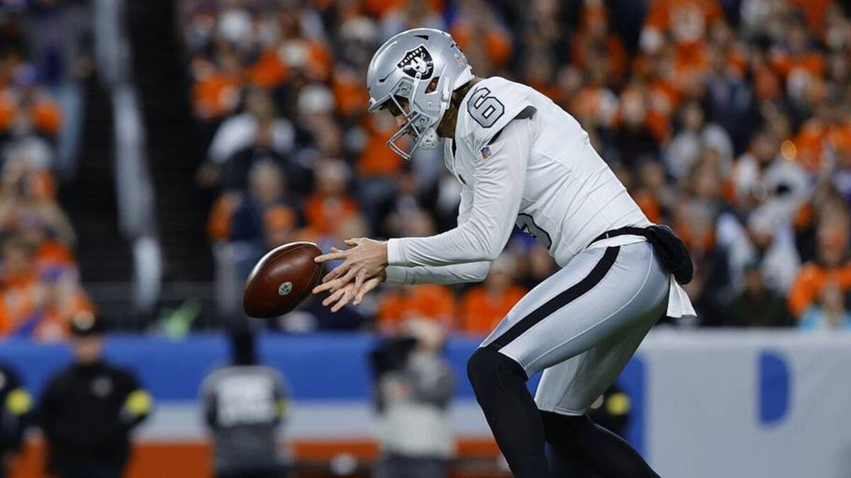  Nov 6, 2025; Denver, Colorado, USA; Las Vegas Raiders punter AJ Cole (6) punts the ball against the Denver Broncos during the first half at Empower Field at Mile High. Mandatory Credit: Isaiah J. Downing-Imagn Images | Isaiah J. Downing-Imagn Images 