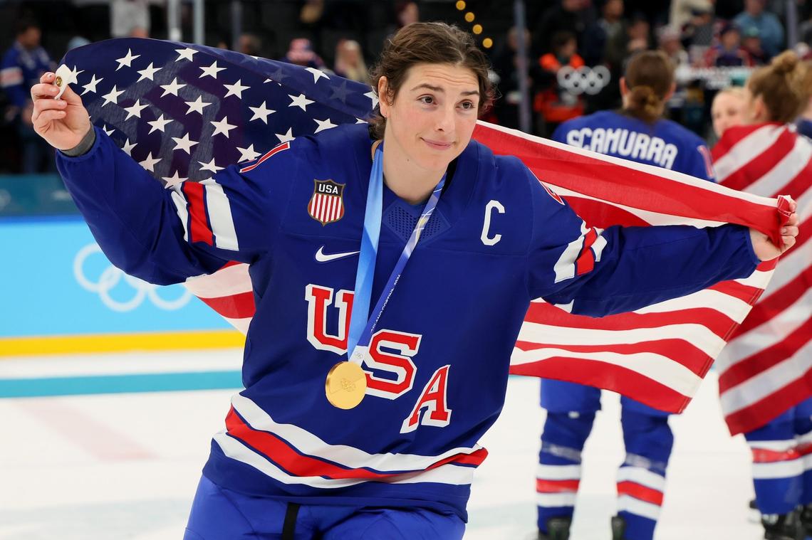  Gold medalist Hilary Knight #21 of Team United States celebrates.Bruce Bennett/Getty Images 