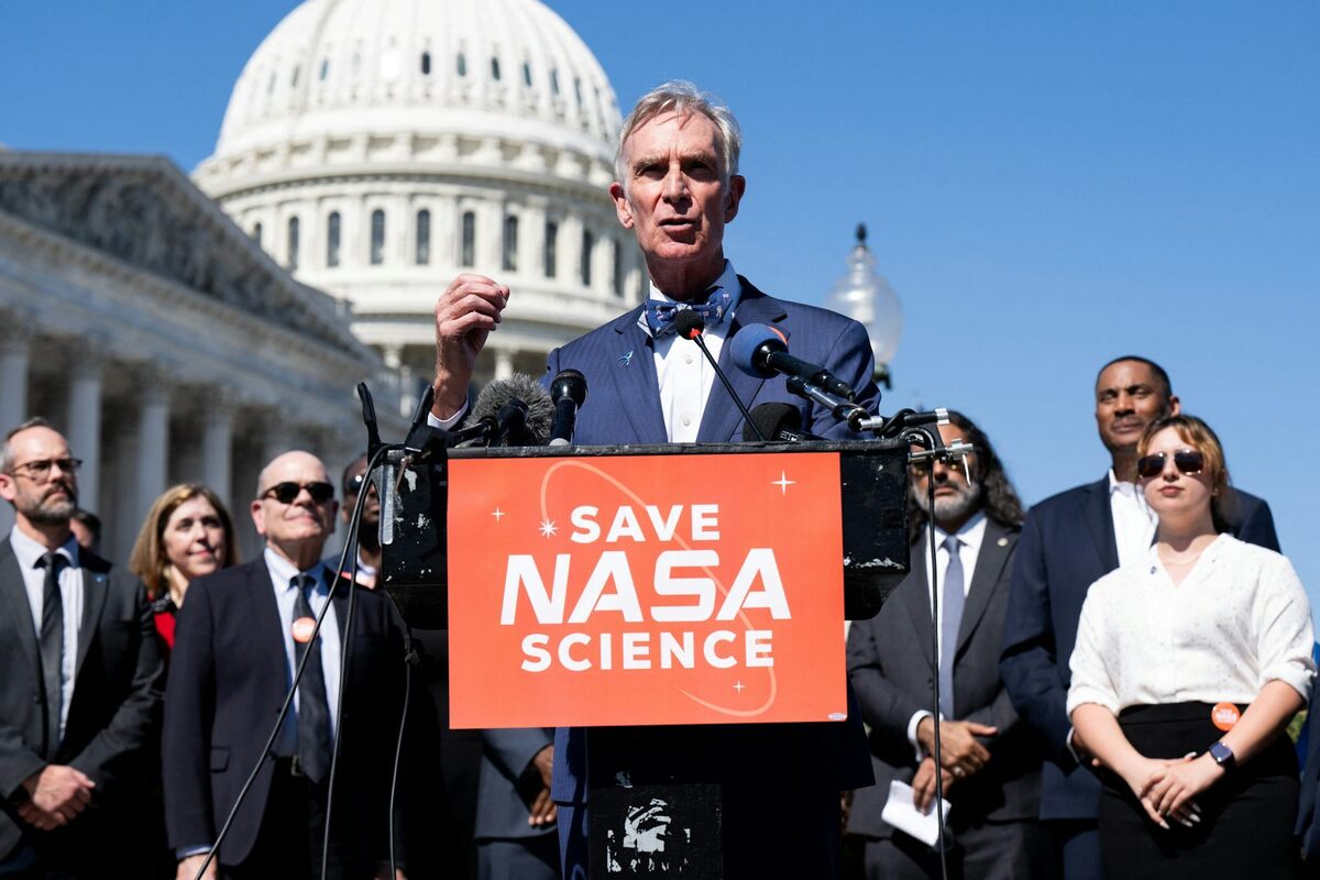 Bill Nye, better known as ‘The Science Guy,' speaks during an October 2025 news conference in Washington, urging Congress to protect funding for NASA and the National Science Foundation. Saul Loeb/AFP/via Getty Images 