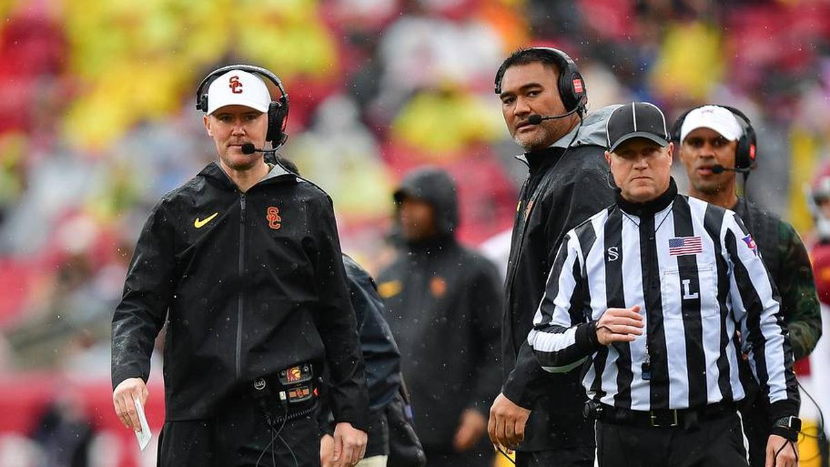  Nov 15, 2025; Los Angeles, California, USA; Southern California Trojans head coach Lincoln Riley watches game action against the Iowa Hawkeyes during the first half at the Los Angeles Memorial Coliseum. Mandatory Credit: Gary A. Vasquez-Imagn Images | Gary A. Vasquez-Imagn Images 