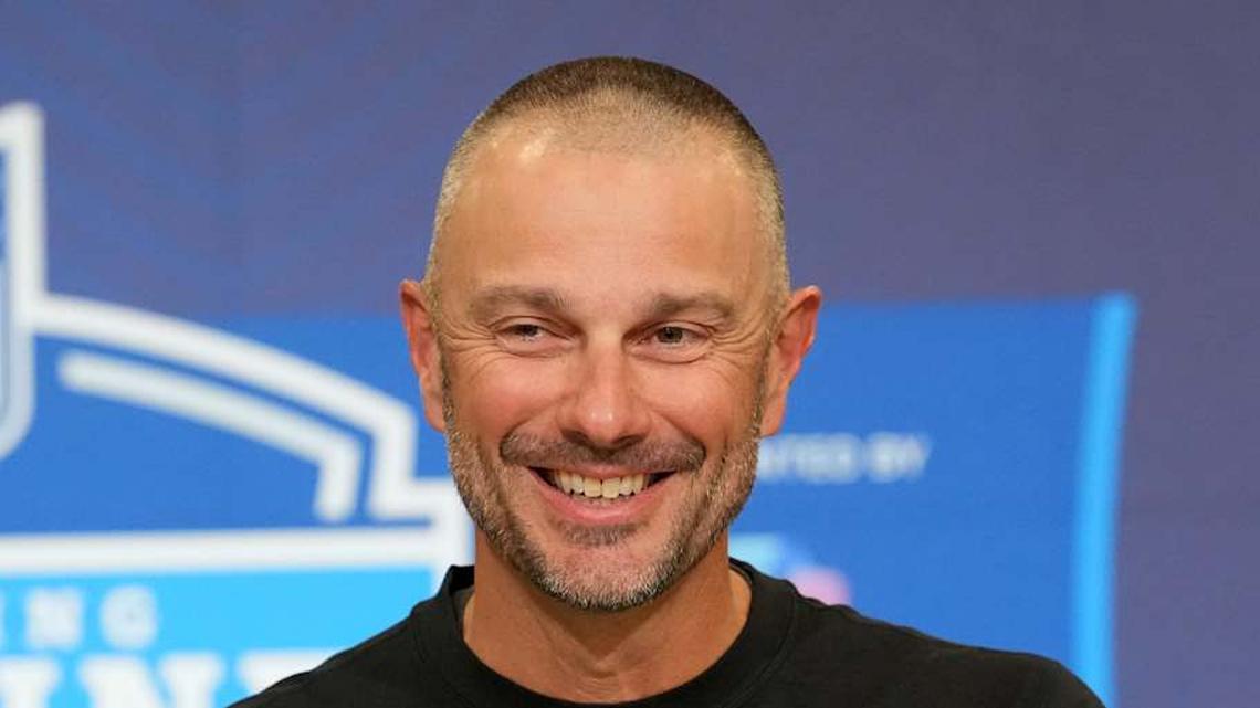  Feb 24, 2026; Indianapolis, IN, USA; Las Vegas Raiders general manager John Spytek speaks at the NFL Scouting Combine at the Indiana Convention Center. Mandatory Credit: Kirby Lee-Imagn Images | Kirby Lee-Imagn Images 