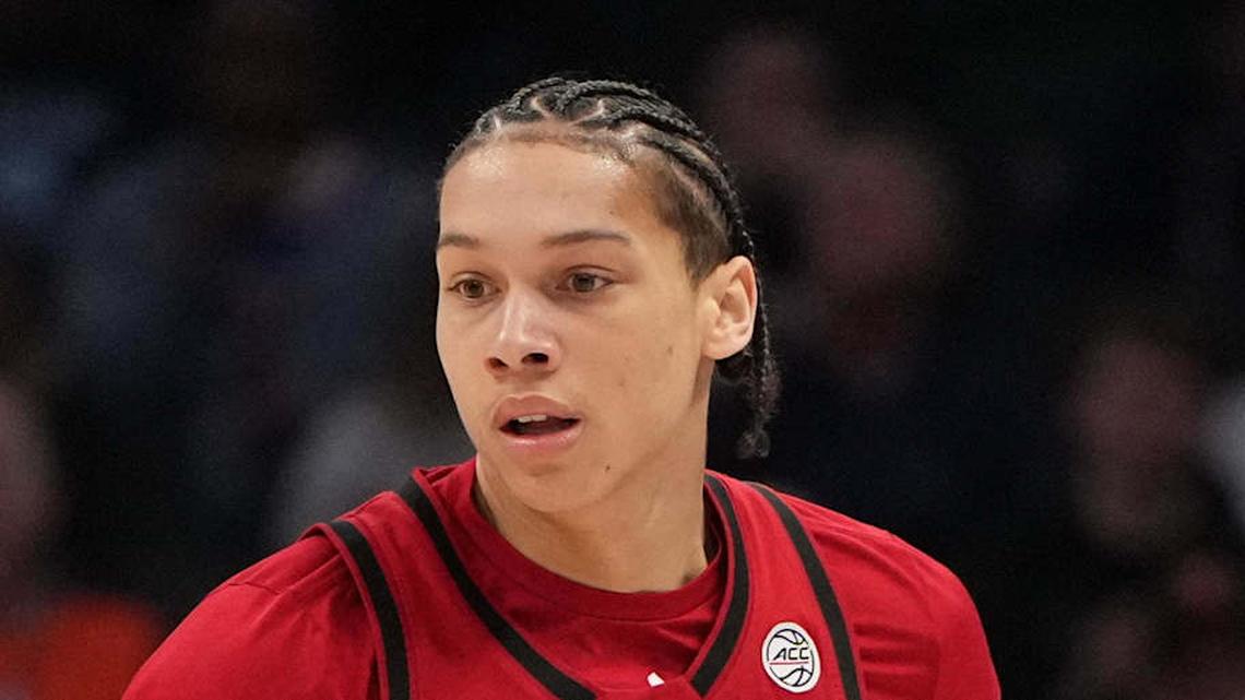  Mar 12, 2026; Charlotte, NC, USA; NC State Wolfpack guard Matt Able (3) brings the ball up the court in the first half at Spectrum Center. Mandatory Credit: Bob Donnan-Imagn Images | Bob Donnan-Imagn Images 