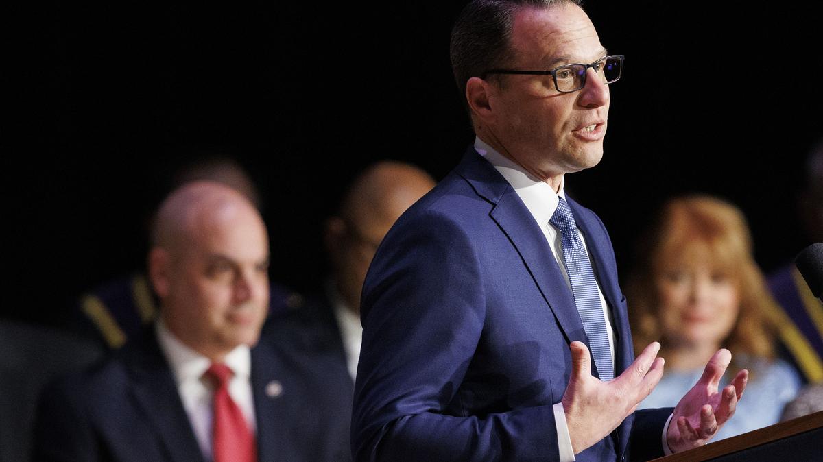Pennsylvania Gov. Josh Shapiro speaking at swearing-in of Attorney General Dave Sunday (rear left) at the Forum Auditorium in Harrisburg, Pa., on Jan. 21, 2025. (Alejandro A. Alvarez/The Philadelphia Inquirer/TNS)