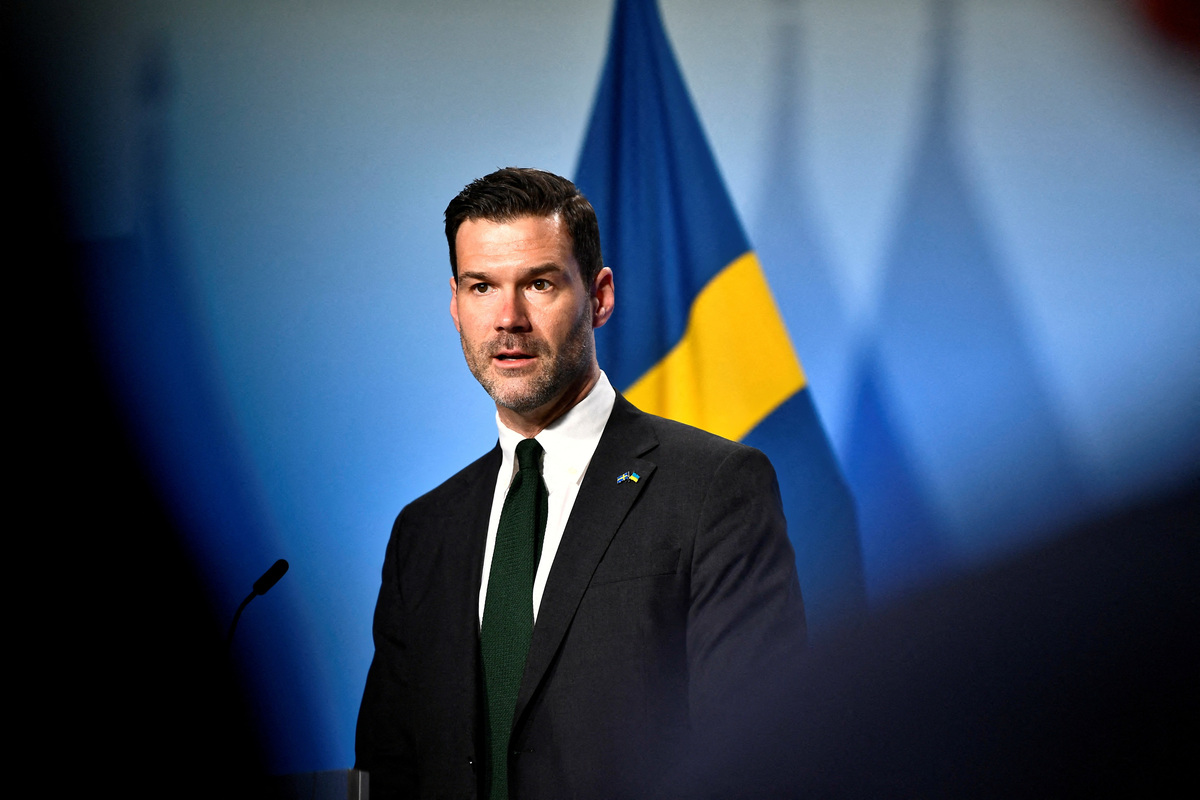 FILE PHOTO: Sweden's Minister of Foreign Trade Johan Forssell attends a news conference on the day of a meeting of EU trade ministers in Stockholm March 10, 2023. Caisa Rasmussen/TT News Agency/via REUTERS
